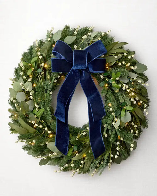 Guirlanda de Natal 90 cm com LED, Laço Azul e Folhagens Verdes