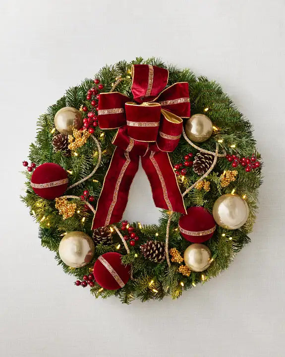 Guirlanda de Natal 90 cm com LED, Laço Vermelho, Bolas Douradas e Frutas Vermelhas