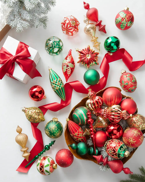 Kit 32 Enfeites para Árvore de Natal Vermelho, Verde e Dourado – Coleção Natal Tradicional