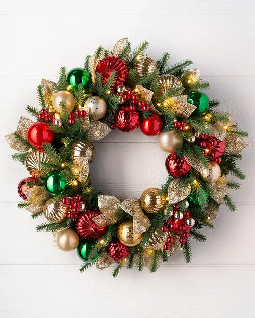 Guirlanda de Natal 90 cm com LED, Bolas Decorativas e Folhas Douradas