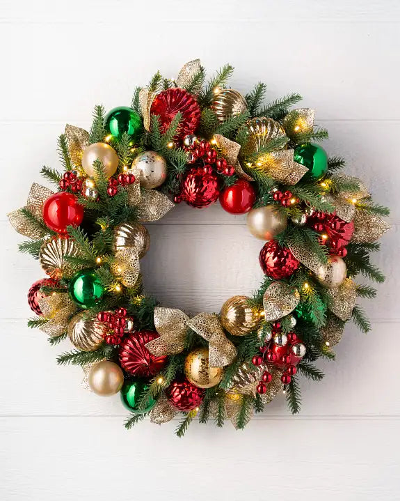 Guirlanda de Natal 90 cm com LED, Bolas Decorativas e Folhas Douradas