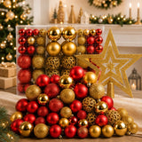 Kit 100 Bolas de Natal Vermelho e Dourado 3 cm, 4 cm e 6 cm + Ponteira Estrela Dourada - Imagem 1