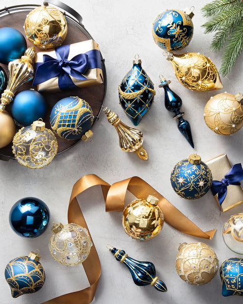Kit 32 Enfeites para Árvore de Natal Azul e Dourado com Bolas e Pendentes Decorativos